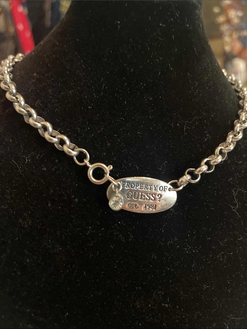 Guess Silver-Tone Chain Necklace with Signature 'Property of GUESS' Tag